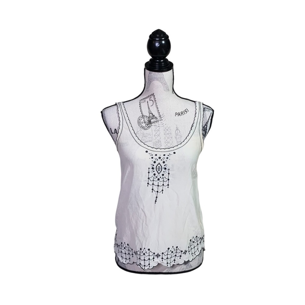 Babaton XS Cream Sleeveless Silk Tank Top with Embroidered Neckline and Hem